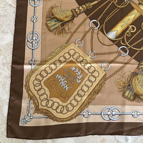 Authentic Hermès Cliquetis Carre 90 Scarf Multicolour 100% Silk Vintage Browns - Picture 9 of 11